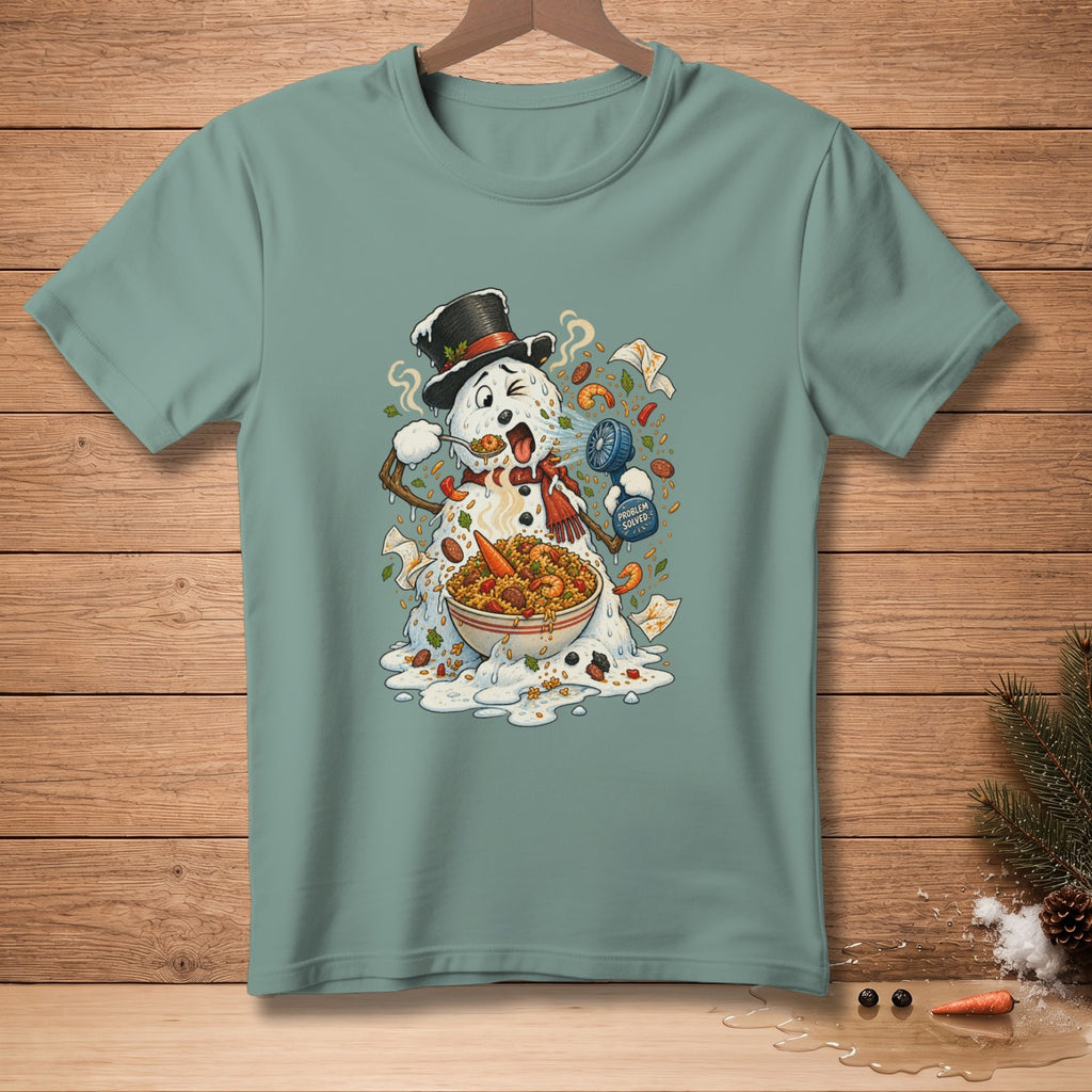 Snowman with a top hat eating paella, holding a "Problem Solved" spray bottle.