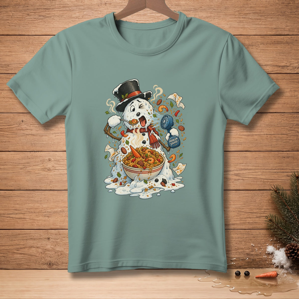 Snowman with a top hat eating paella, holding a "Problem Solved" spray bottle.