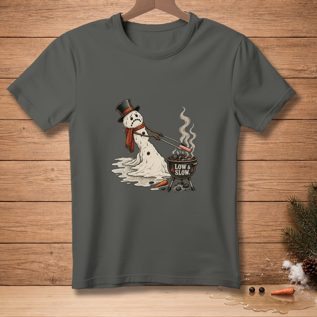 Melting snowman grilling with text "LOW & SLOW".