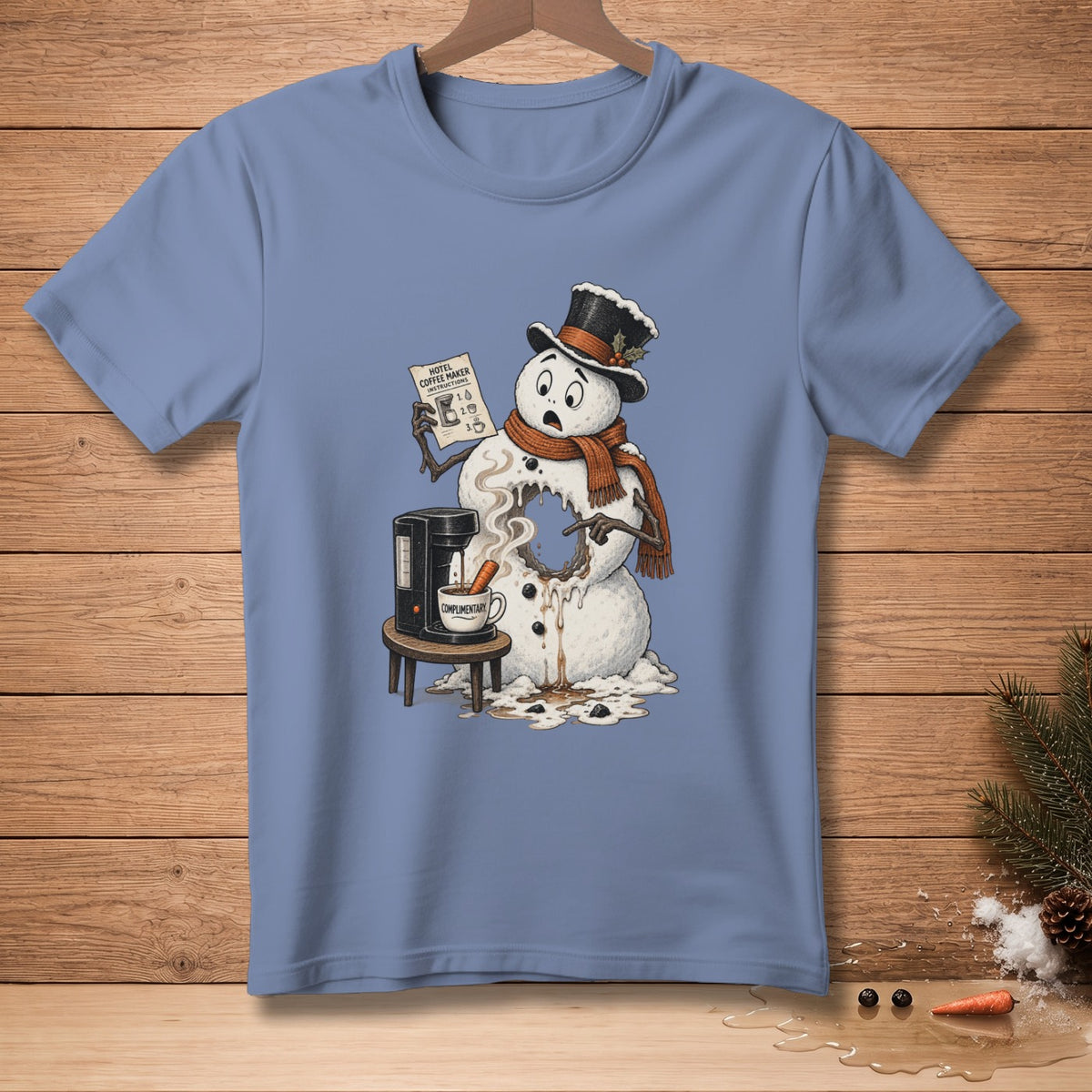 Snowman melting while reading hotel coffee maker instructions with a complimentary cup.