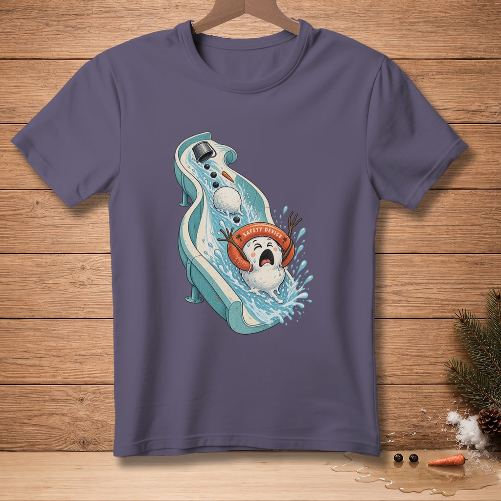 Cartoon snowman on a water slide wearing a "Safety Device" life preserver.