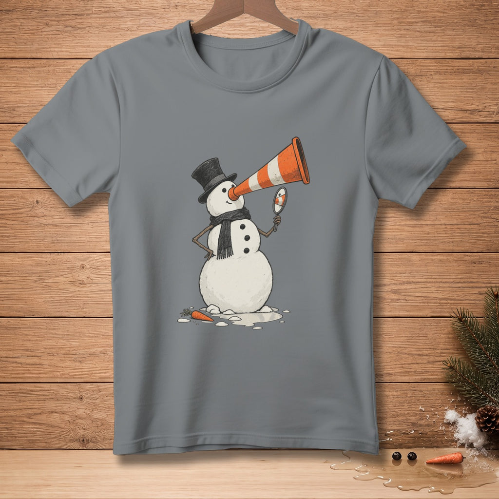 Snowman wearing a hat and scarf looks into a mirror through a traffic cone.