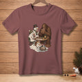 Bigfoot plays cards with snowmen around a table with a lantern.