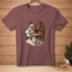 Bigfoot plays cards with snowmen around a table with a lantern.