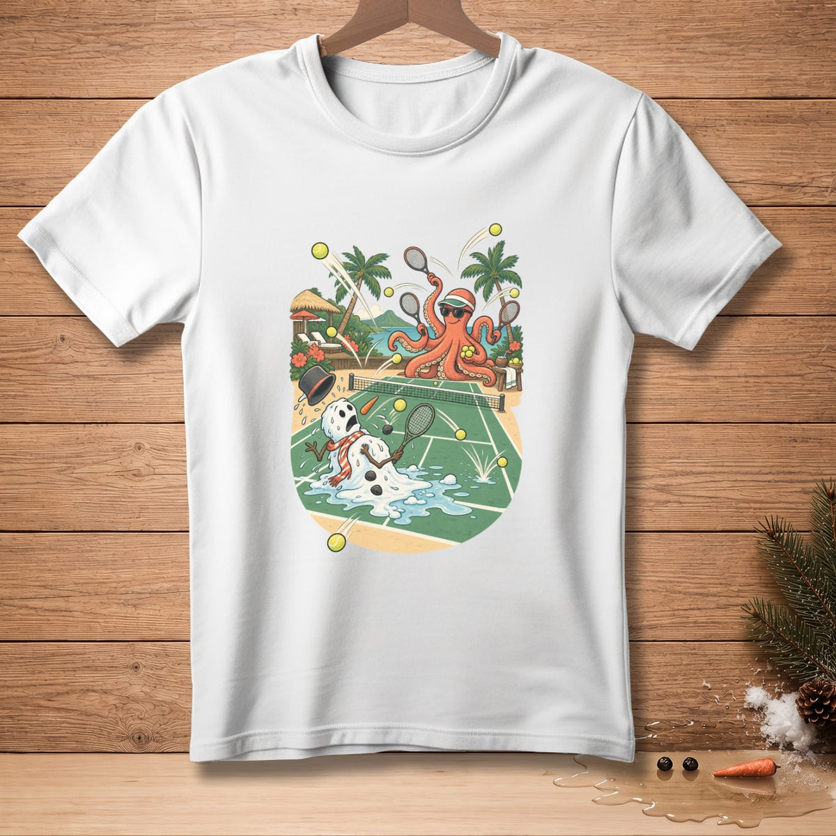 Octopus playing tennis against melting snowman on tropical island court.