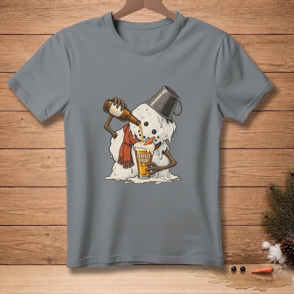 Melting snowman with bucket hat pours beer into glass reading "Perfect Pour".