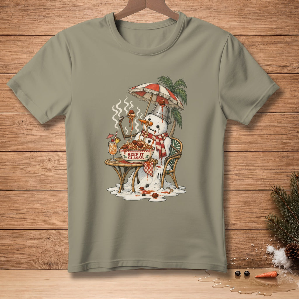 Snowman eating spaghetti under a beach umbrella with "Keep It Classy" text.