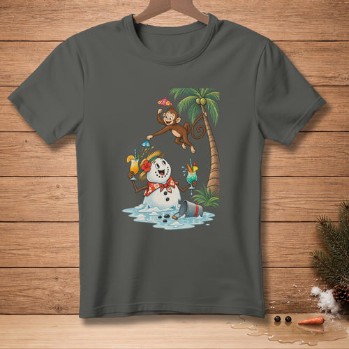 Melting snowman with drinks and a monkey on a palm tree.