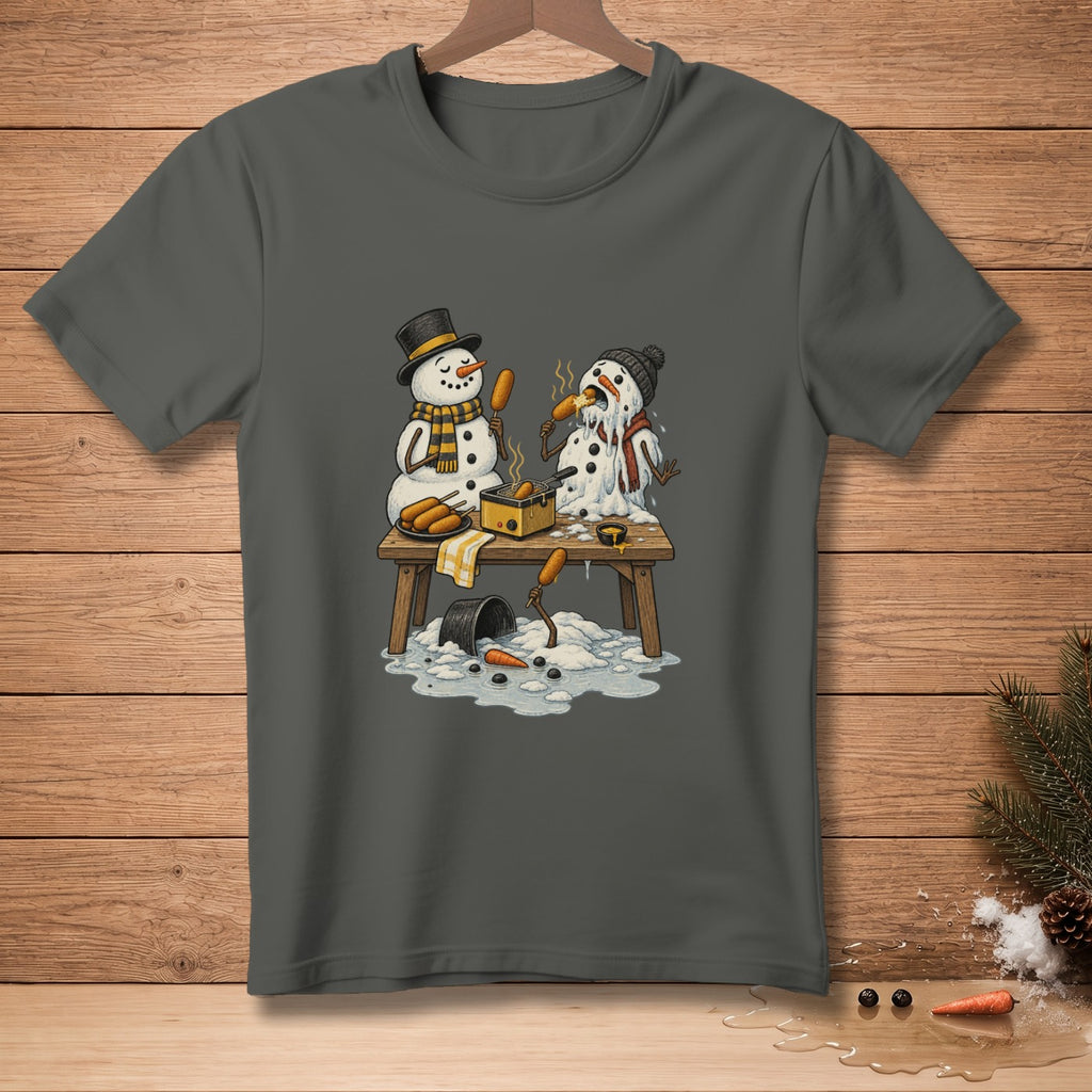Two melting snowmen attempt to cook corn dogs on a hot plate, one successful, the other struggling.
