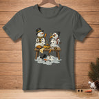 Two melting snowmen attempt to cook corn dogs on a hot plate, one successful, the other struggling.