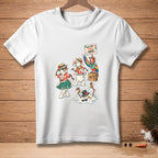 T-shirt graphic: Snowmen dancing cha-cha with a parrot, and one melting.