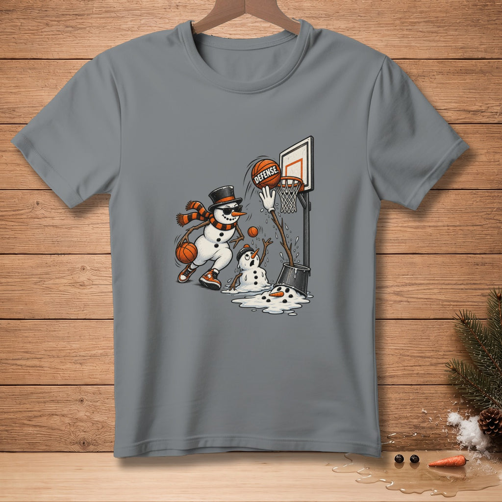 Snowman playing basketball and attempting a slam dunk with "DEFENSE" on the ball.