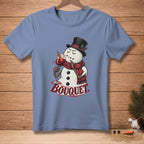 Snowman in top hat and scarf holds wine glass with carrot, text "BOUQUET."