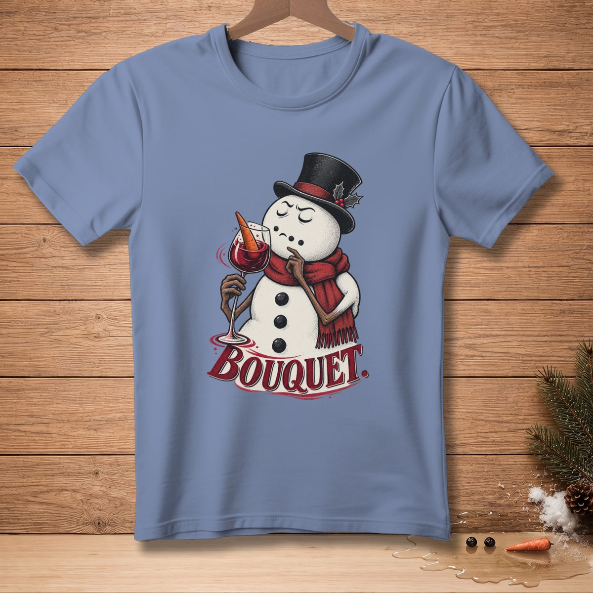 Snowman in top hat and scarf holds wine glass with carrot, text "BOUQUET."
