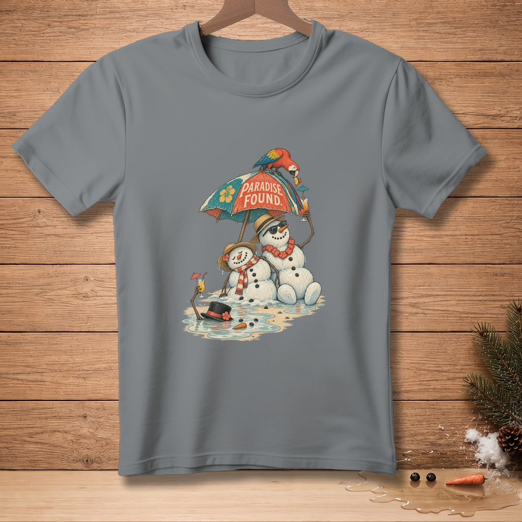 Snowmen with sunglasses under an umbrella on a beach with text "PARADISE FOUND."