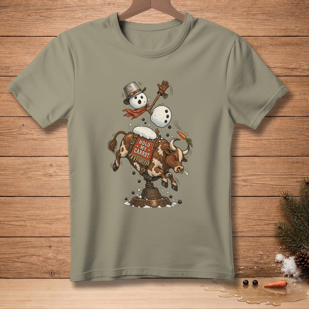 Brown bull bucking with snowman rider, text "Hold my carrot".