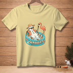Light yellow t-shirt with a snowman in a pool drinking beer with a flamingo, text says "SERIOUSLY?".