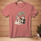 Panda shares ice cream with melting snowman under palm tree, text "Keeping Cool".