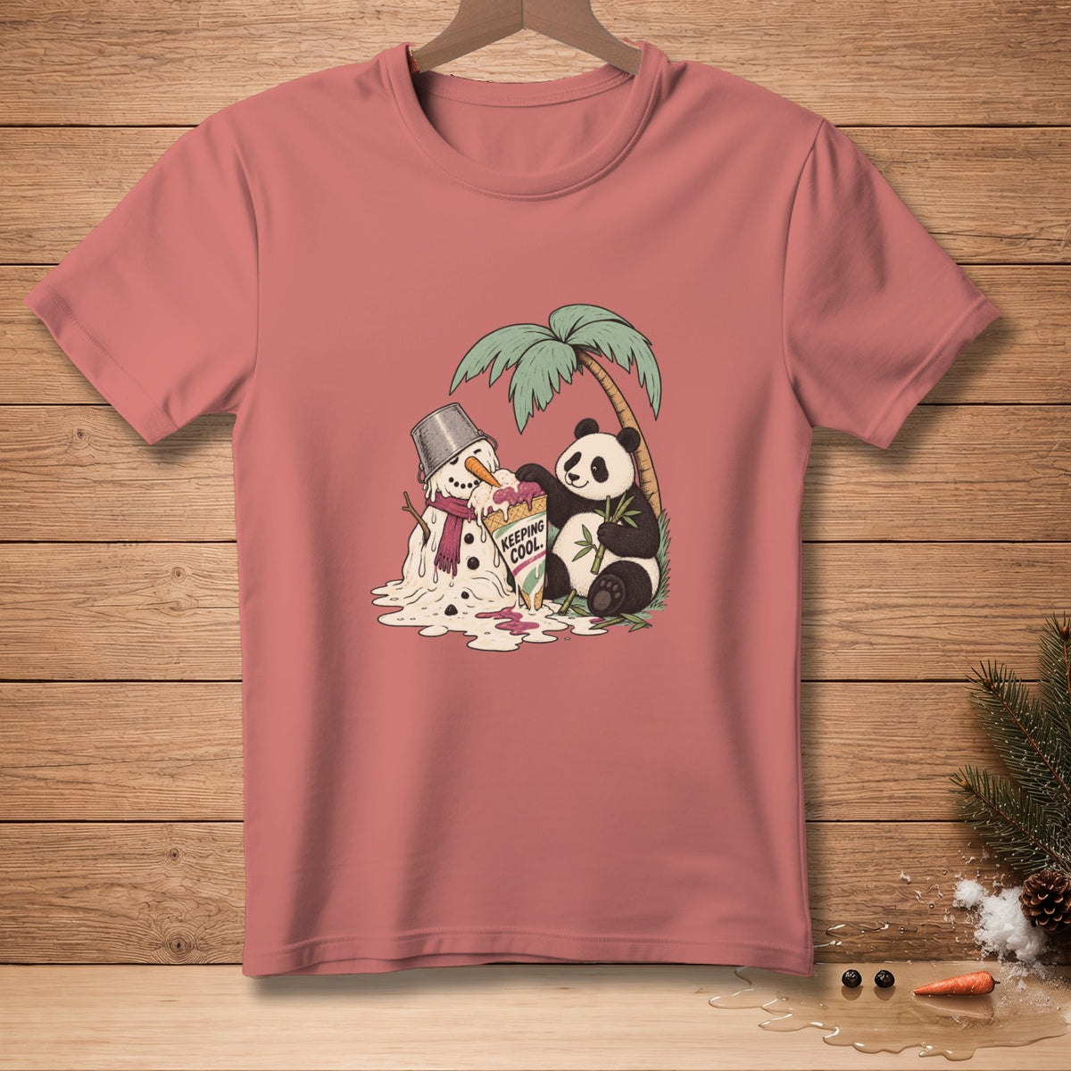 Panda shares ice cream with melting snowman under palm tree, text "Keeping Cool".