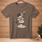 Snowman wearing a top hat and apron that says "Defending Champion," holding a pie.