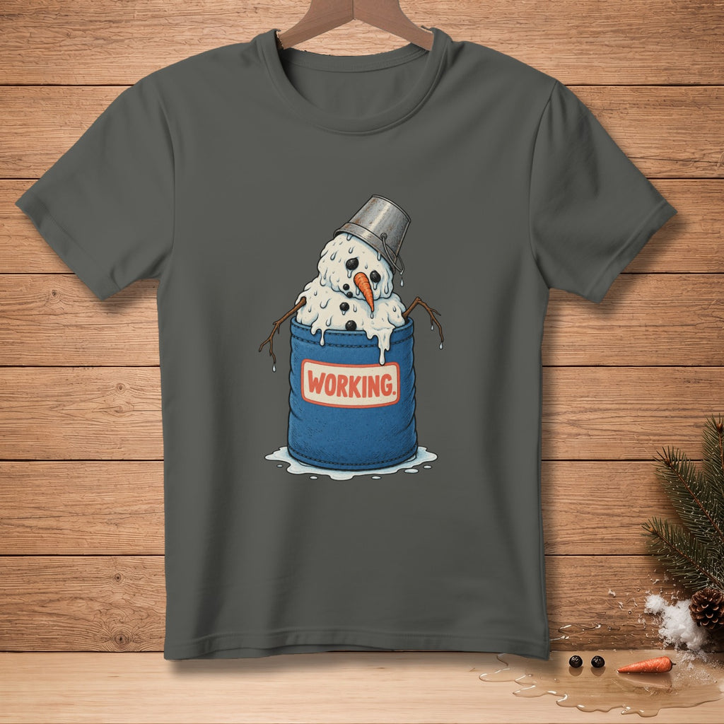 Gray t-shirt with melting snowman in a blue bucket that says "WORKING".