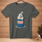 Gray t-shirt with melting snowman in a blue bucket that says "WORKING".