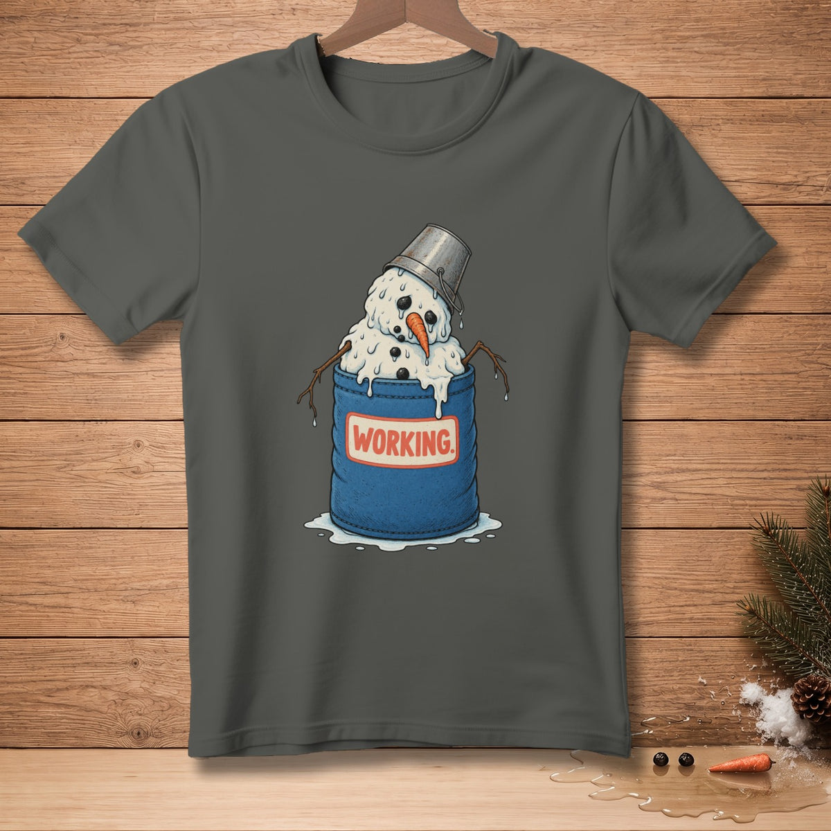 Gray t-shirt with melting snowman in a blue bucket that says "WORKING".