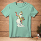 Mint t-shirt with a melting snowman wearing a crown and "Miss Sunshine" sash holding flowers.