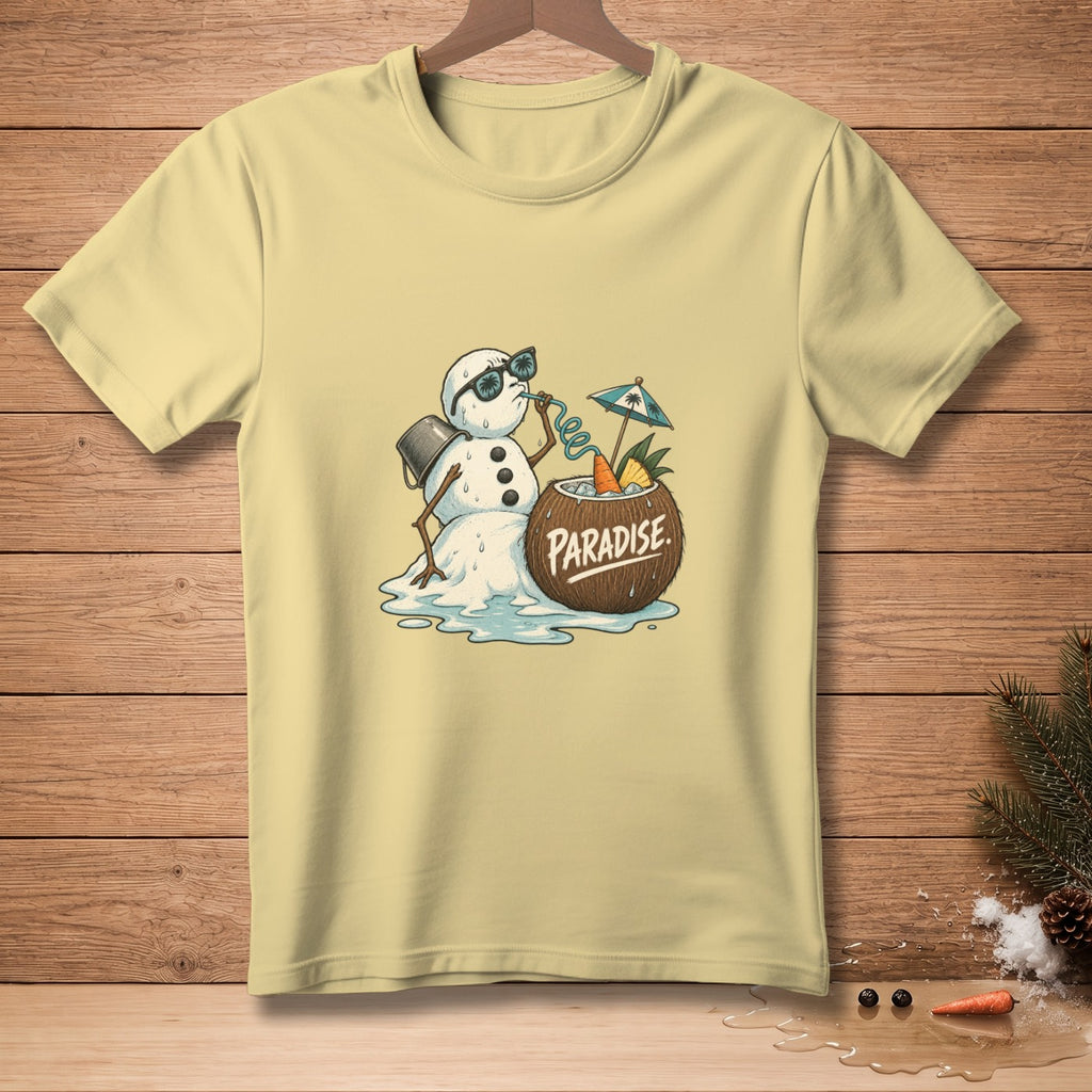 Melting snowman wearing sunglasses drinks from a coconut with "PARADISE" text.