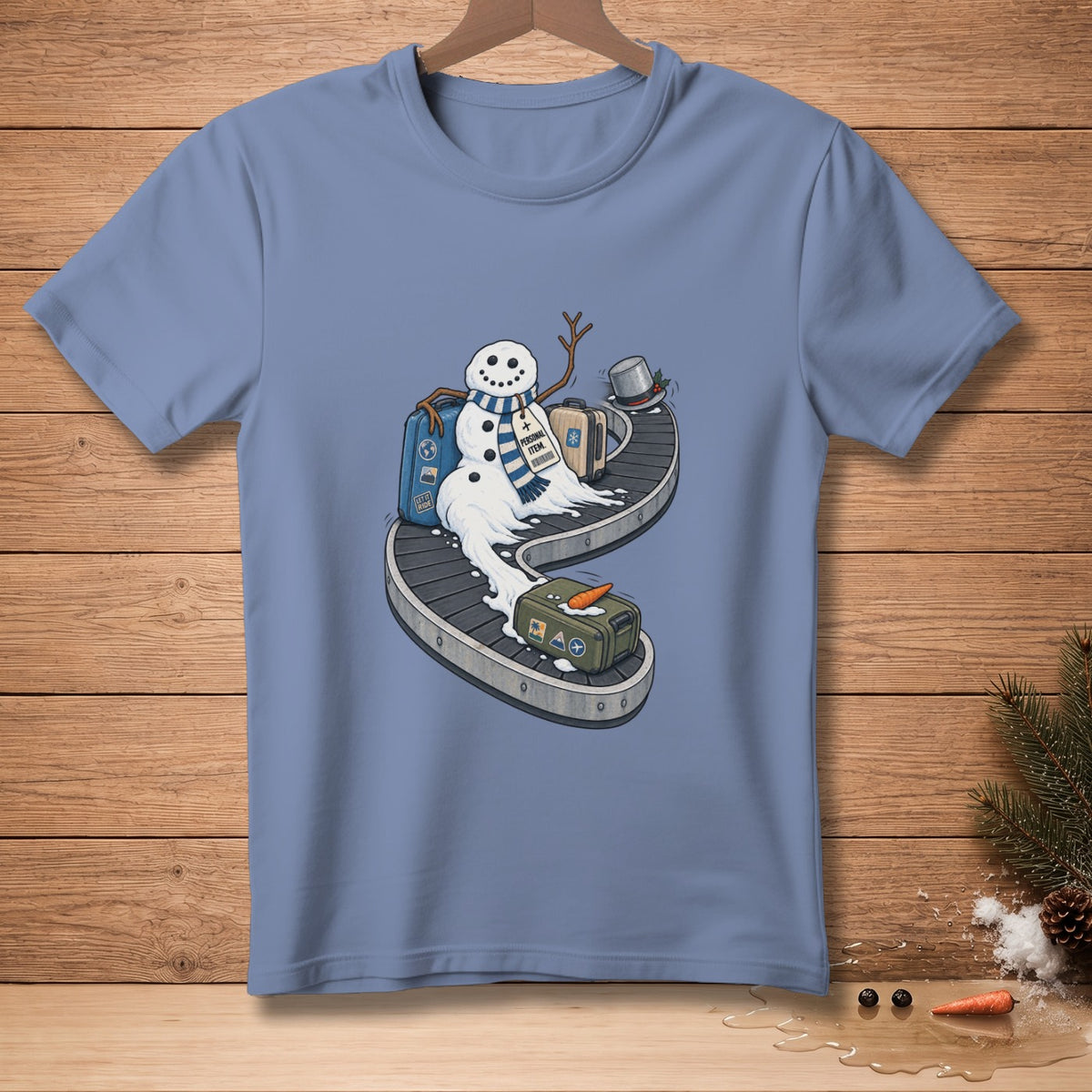 Melting snowman with luggage on a conveyor belt, "Personal Item" tag visible.
