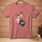Snowman bowling with text "FOLLOW THROUGH" on a pink t-shirt.
