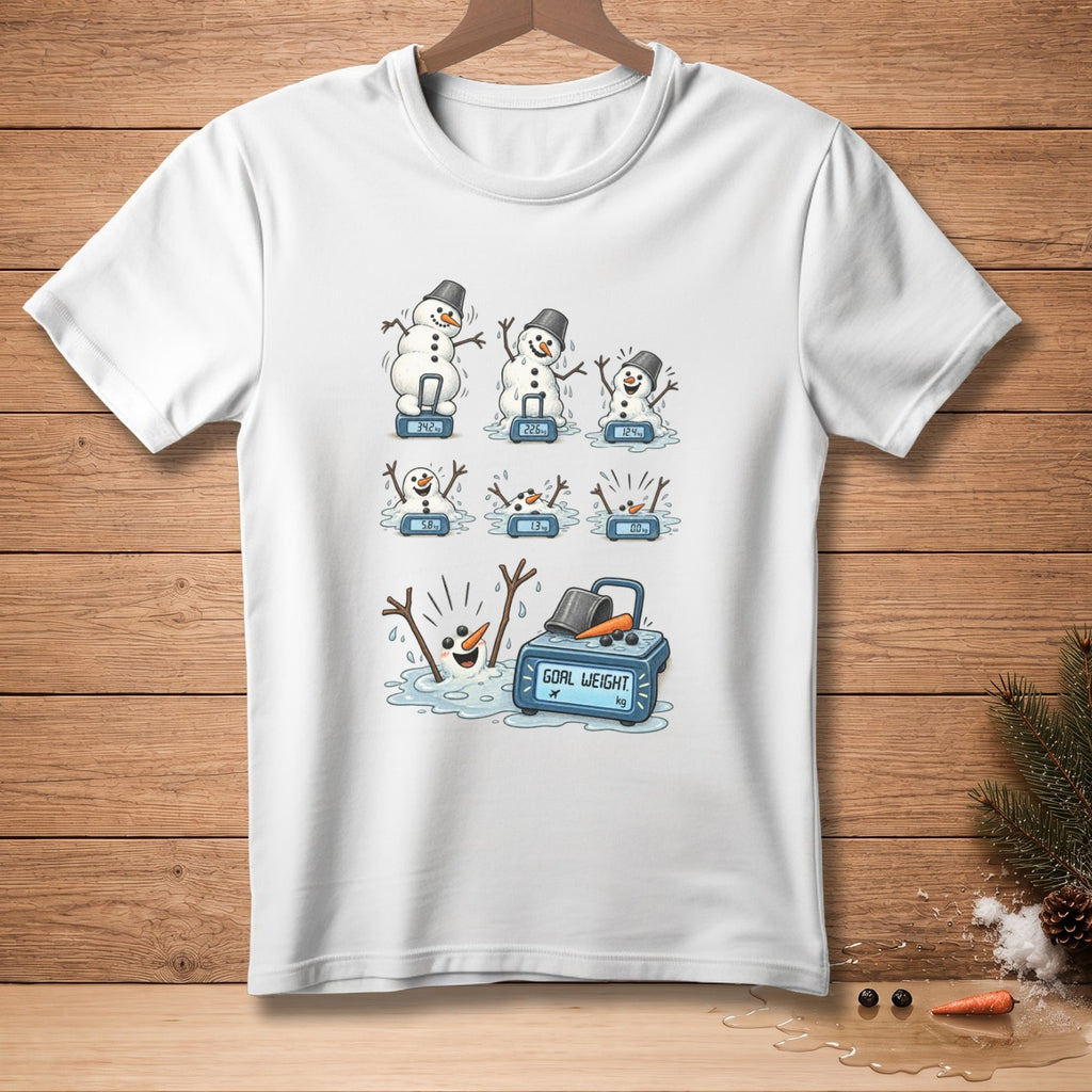 Cartoon snowmen melt on scales, with one reading "GOAL WEIGHT".