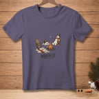 Melting snowmen by a campfire with "WORTH IT." text on a purple t-shirt.