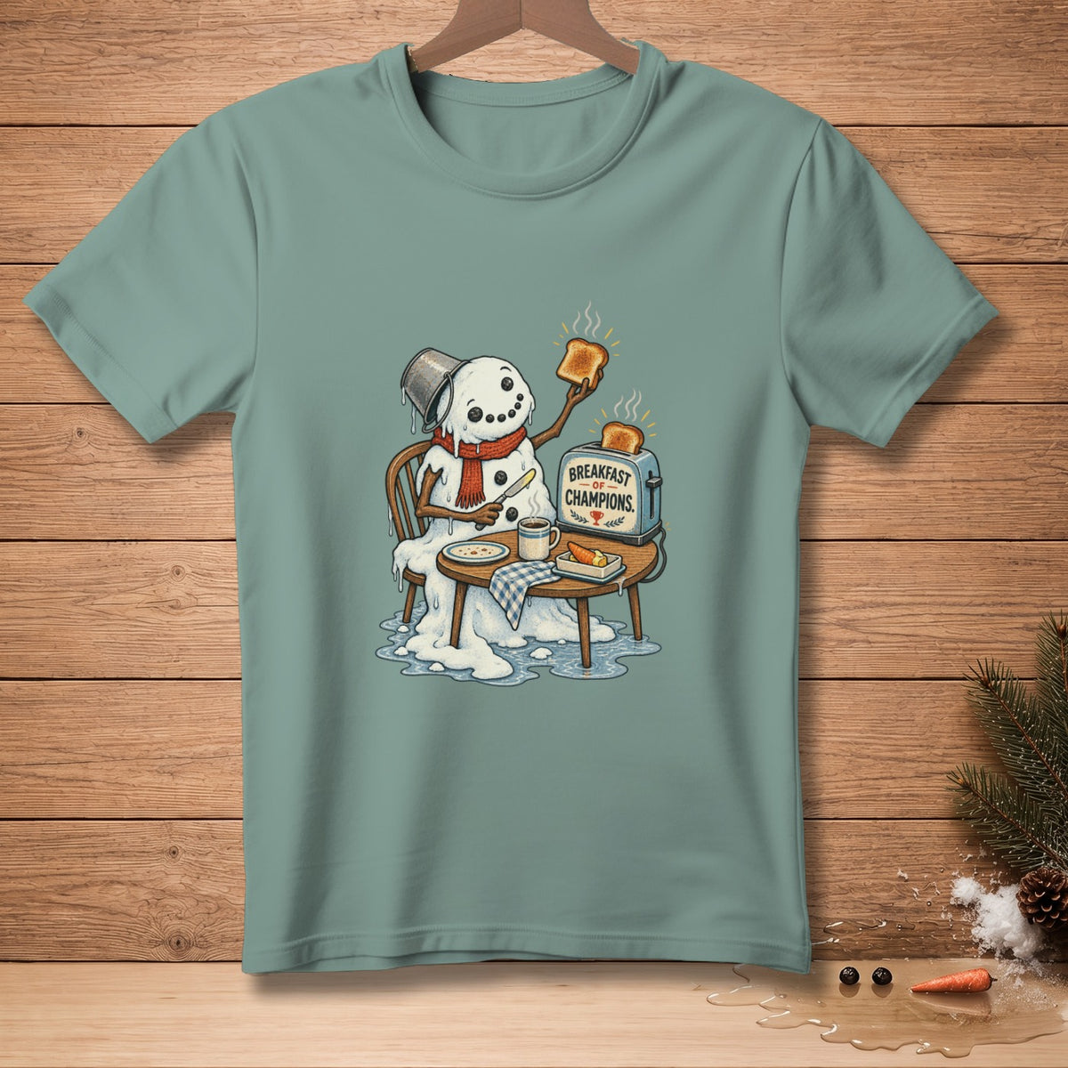 Melting snowman eating toast with "Breakfast Champions" toaster.