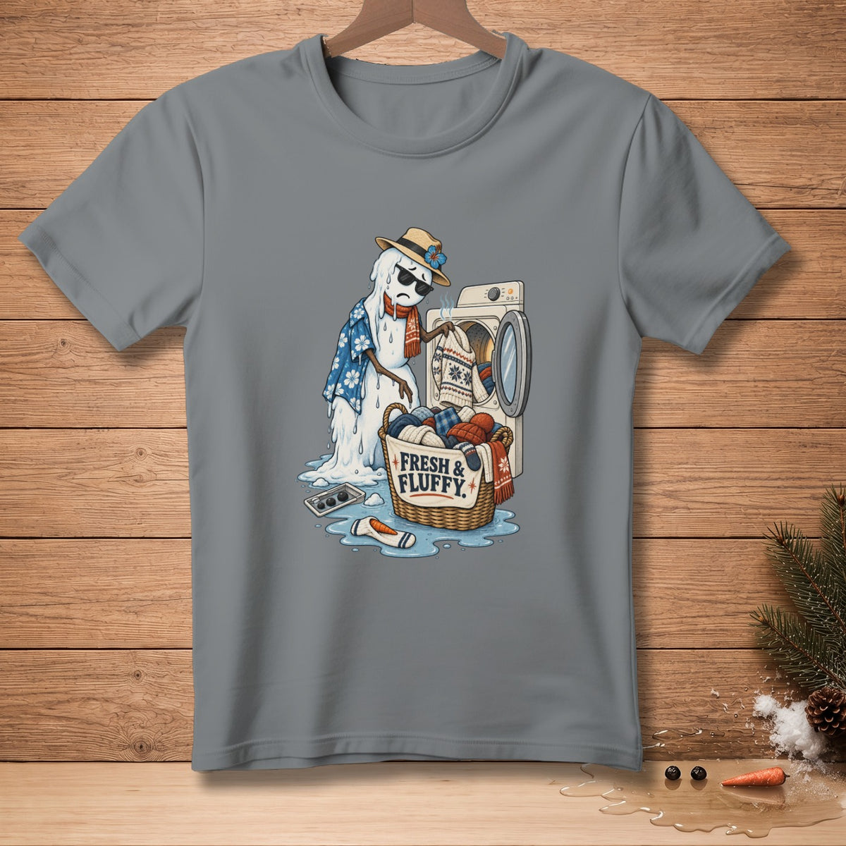 Melting snowman with laundry basket that says "Fresh & Fluffy."
