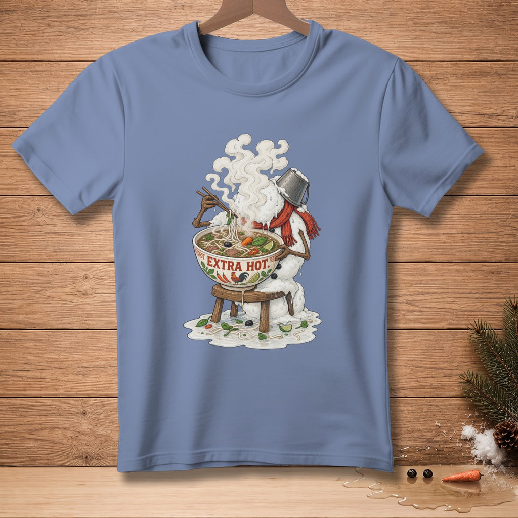 Snowman eating a bowl of pho with "EXTRA HOT" text.