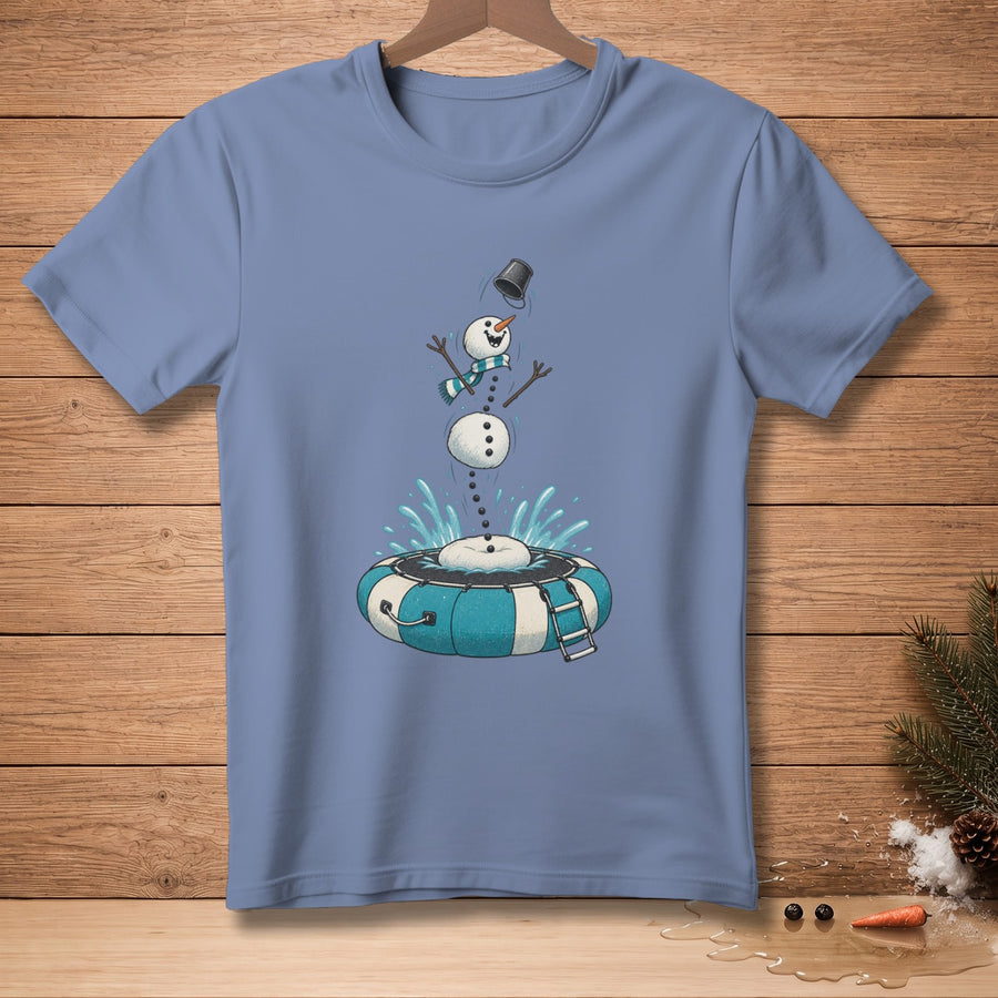 Blue t-shirt with a cartoon snowman falling into a striped inflatable tube.