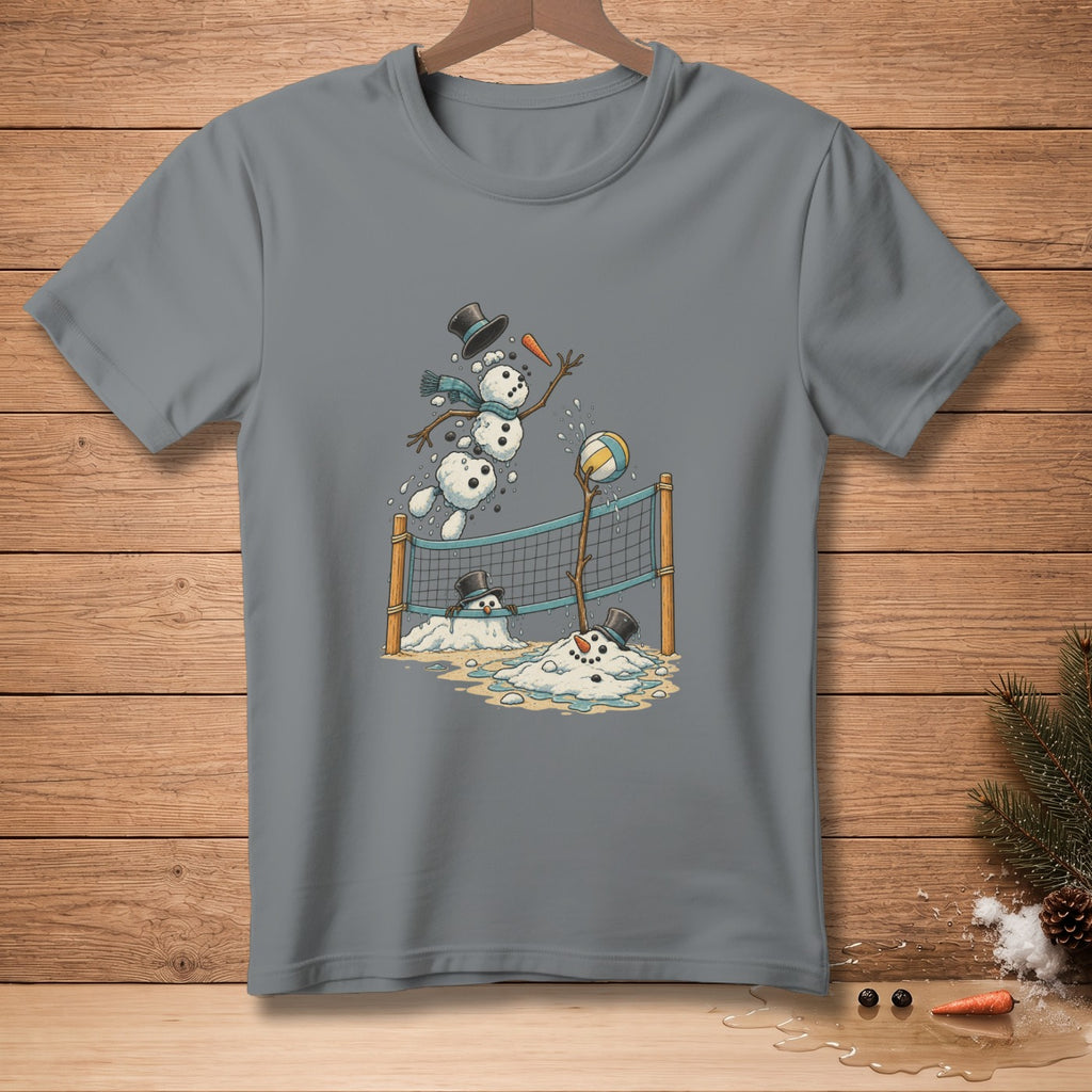 Snowmen playing volleyball on a beach with a net.