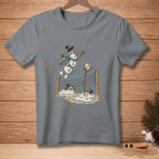 Snowmen playing volleyball on a beach with a net.
