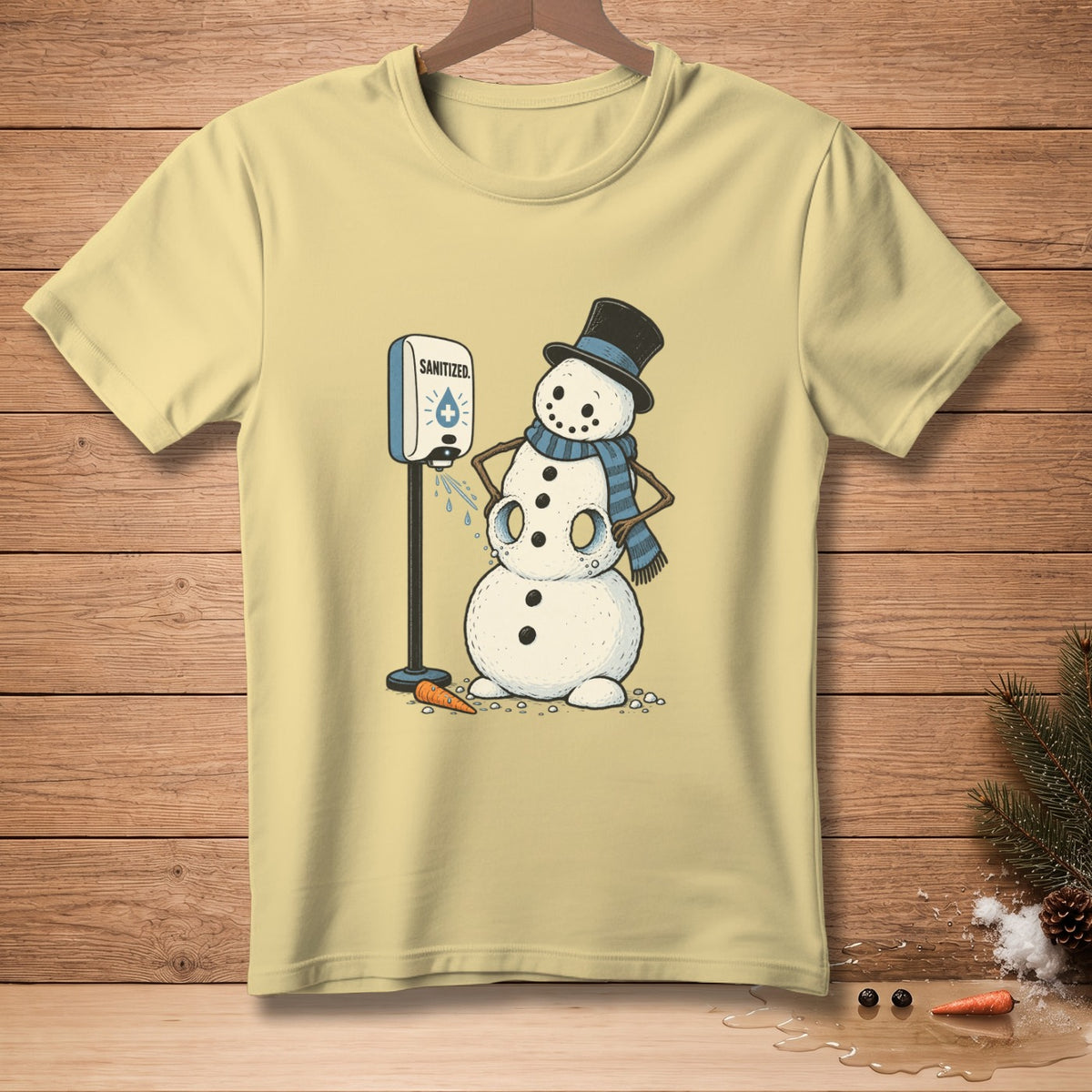 Snowman in a hat and scarf uses a hand sanitizer dispenser that says SANITIZED.