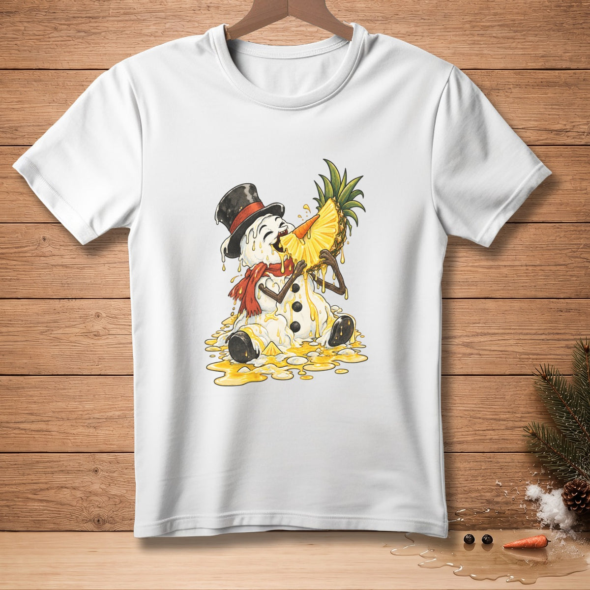 Melting snowman in top hat eating pineapple slice on white t-shirt.