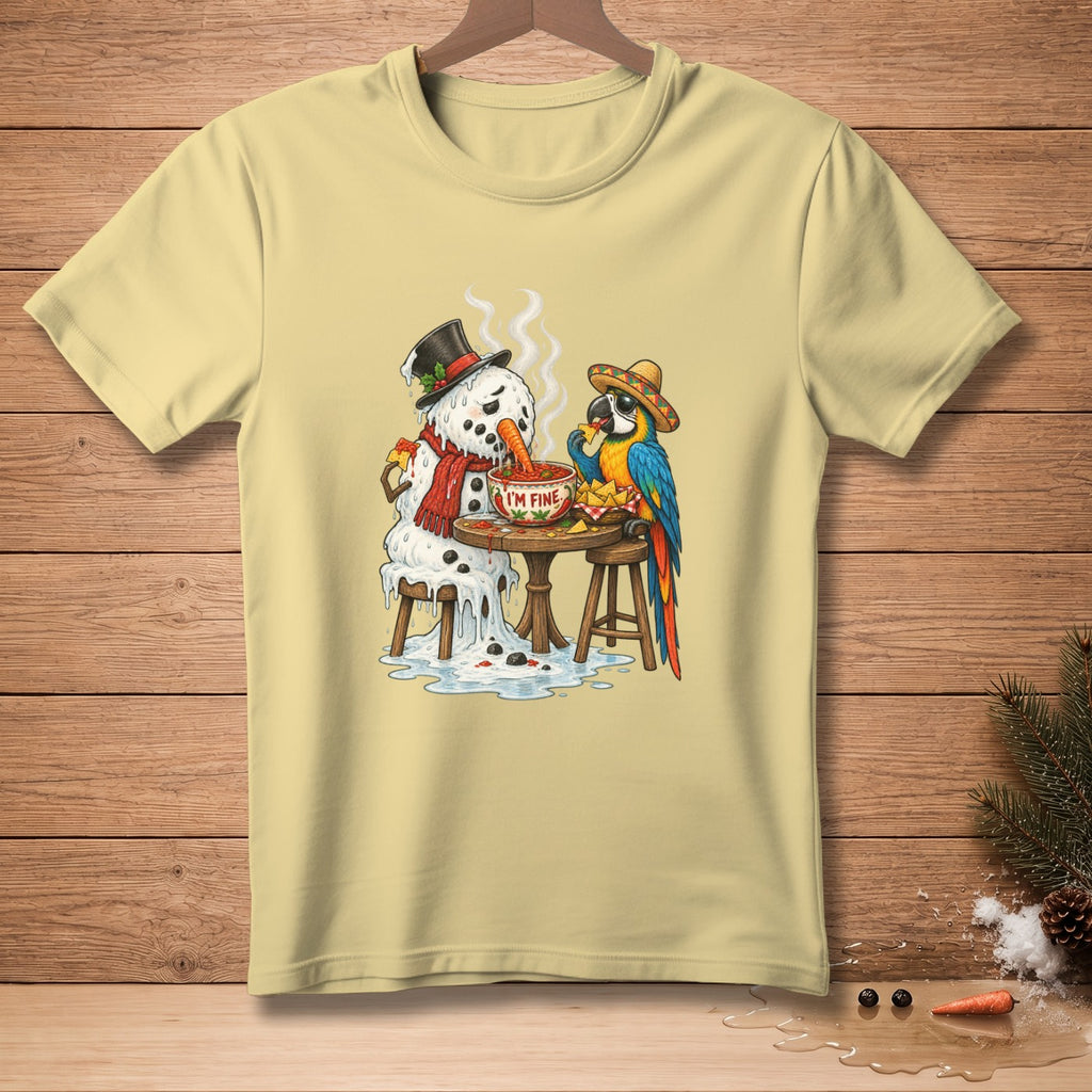 Melting snowman and parrot eating tacos and salsa, "I'm Fine" text.