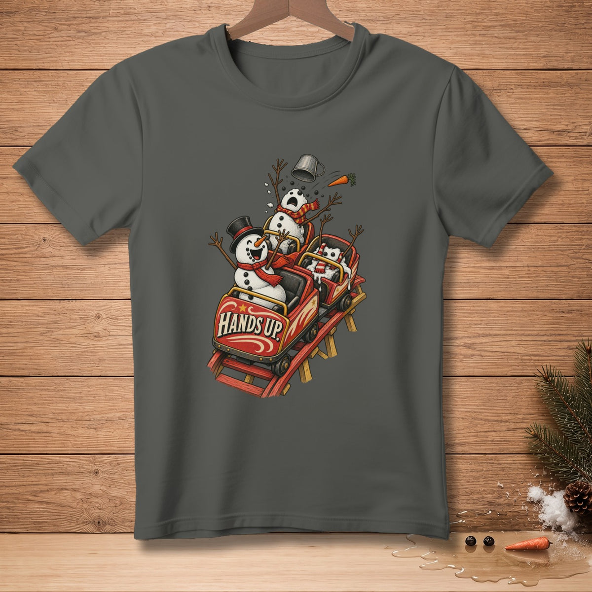 Snowmen riding a roller coaster with "Hands Up" text on the cart.