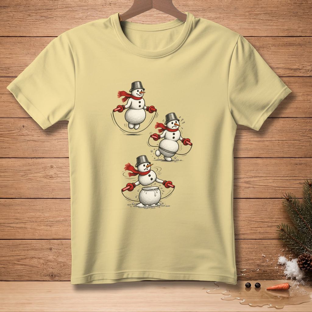 T-shirt with three snowmen jumping rope, one melting.