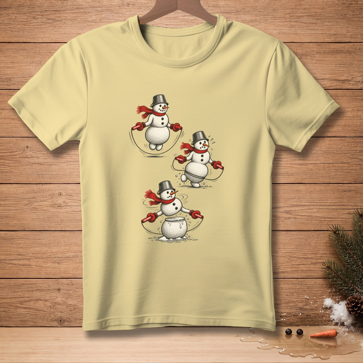 T-shirt with three snowmen jumping rope, one melting.