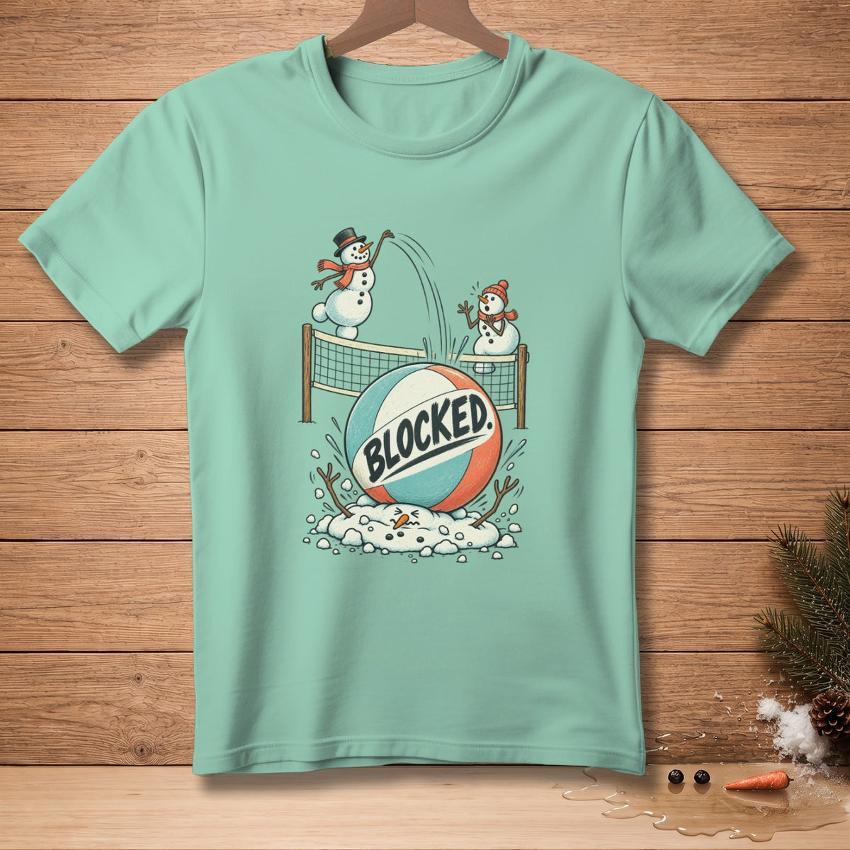 Two snowmen play volleyball with a ball that says "BLOCKED".