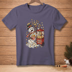 Melting snowman with popcorn, hat, scarf, and a red movie snack cart.