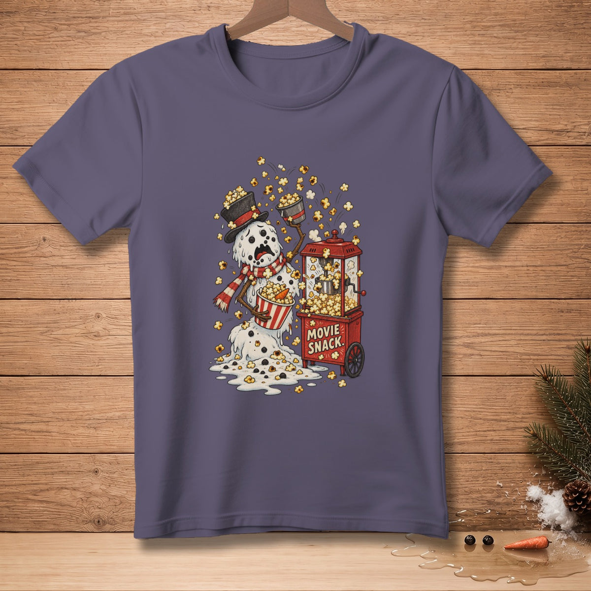 Melting snowman with popcorn, hat, scarf, and a red movie snack cart.
