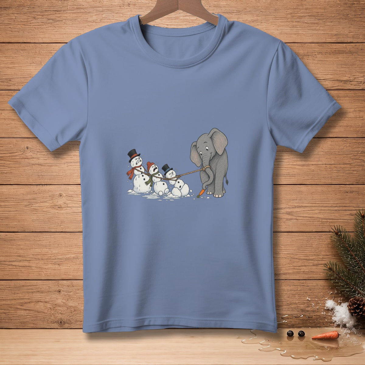 Elephant pulling snowmen with a rope, one snowman is using a carrot.