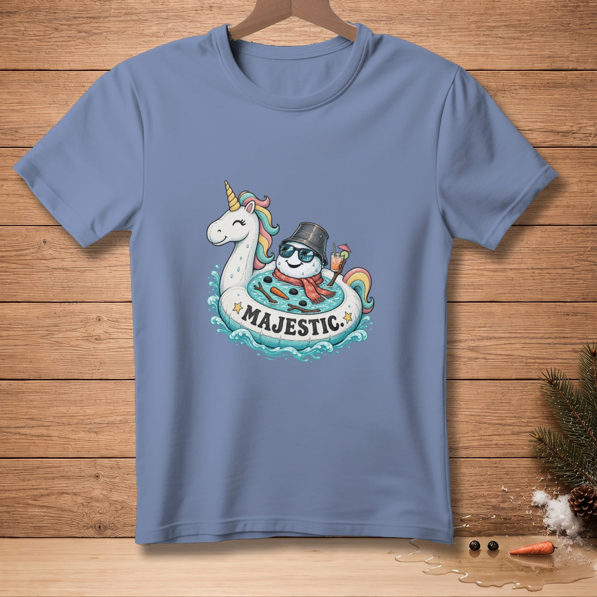 Unicorn pool float with a snowman wearing sunglasses, with "Majestic" text.